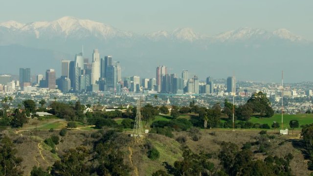 Aerial view Los Angeles skyline with city skyscrapers
