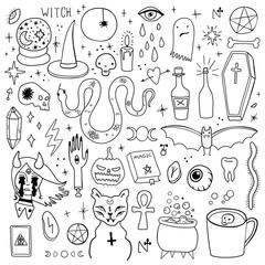 Magic Halloween objects. Hand drawn colored vector set.