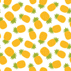 Pineapple seamless pattern. Hand drawn fresh ananas. Vector sketch background. Color doodle wallpaper. Exotic tropical fruit. Fashion design. Food print for kitchen tablecloth, curtain or dishcloth