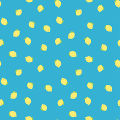 Kid's seamless pattern. Smiling lemon. Exotic citrus fruit fashion print. Design elements for baby textile or clothes. Hand drawn doodle repeating delicacies. Cute blue tropical wallpaper for children