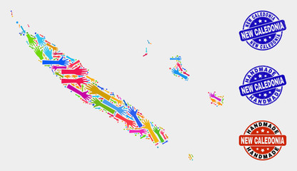 Vector handmade collage of New Caledonia Islands map and corroded stamp seals. Mosaic New Caledonia Islands map is created of randomized bright colored hands.