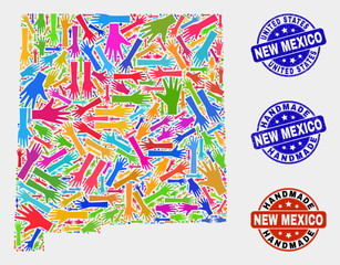 Vector handmade collage of New Mexico State map and unclean seals. Mosaic New Mexico State map is made with randomized bright colorful hands. Rounded watermarks with unclean rubber texture.