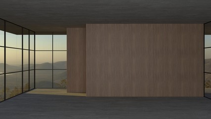Empty glass room in modern design, wooden wall, concrete floor and ceiling with mountain scenery make a look as view from modern luxury mountain sided house. Interior mock-up space. 3D Illustration. - 275150661