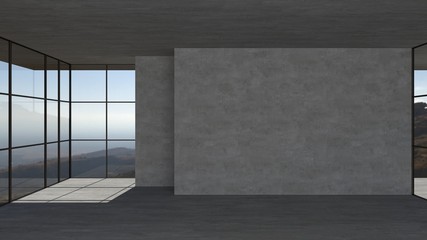 Empty glass room in modern design, concrete wall, floor and ceiling with mountain scenery make a look as view from modern luxury mountain sided house. Use for interior mock-up space. 3D Illustration.