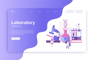 Laboratory illustration with scientists, microscope, tubes, dna, researches.