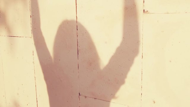 Silhouette shadow of a young and beautiful girl shows and depicts emotions. Delight, joy, euphoria and fun.