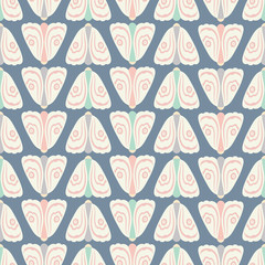 Seamless geometric pattern background of pastel coloured moths in rows . A nature vector background of insects.