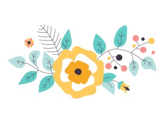 Floral vector bouquet with wild flowers. Hand drawn rustic isolated objects. Decorative Invitation cards for wedding, birthday party.