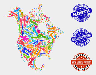 Vector handmade composition of North America v2 map and rubber watermarks. Mosaic North America v2 map is organized of scattered bright colored hands. Rounded watermarks with grunge rubber texture.