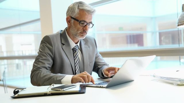 Businessman typing on laptop in modern office