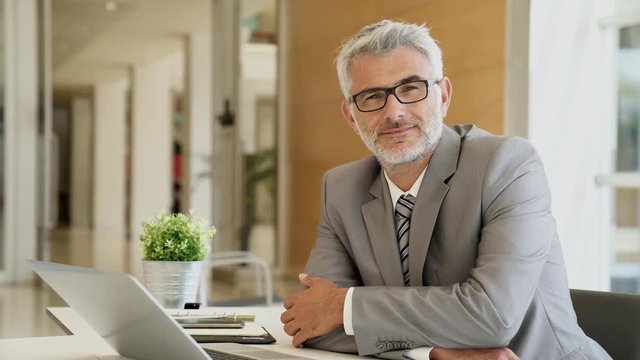 Mature businessman sitting at desk looking at camera