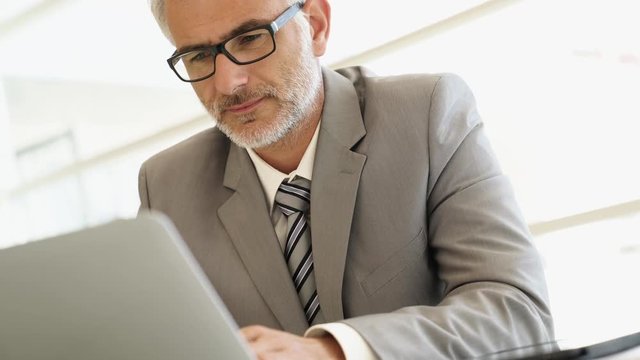 Mature businessman working on computer in corporate office