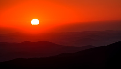 sunset over the countryside with brilliantly shaped landscape and gorgeous sunshine, 1200 meters above sea level, Central Europe,  Czech Republic, Jested