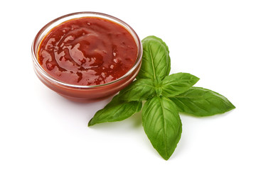 Bowl of Tomato Sauce or Ketchup, close-up, isolated on white background