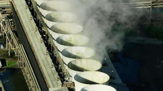 Aerial view cooling tower steam emissions Los Angeles