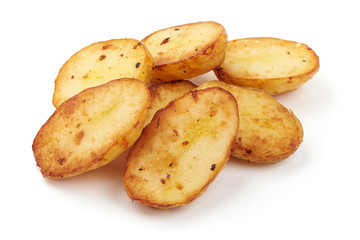 Baked halves of Potatoes, close-up, isolated on white background