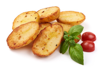 Baked halves of Potatoes, close-up, isolated on white background