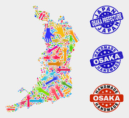 Vector handmade composition of Osaka Prefecture map and scratched watermarks. Mosaic Osaka Prefecture map is composed with random bright colored hands. Rounded watermarks with grunge rubber texture.