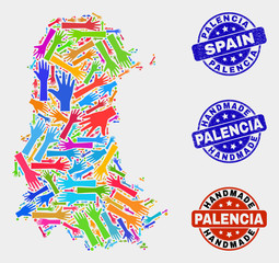 Vector handmade collage of Palencia Province map and rubber stamp seals. Mosaic Palencia Province map is organized of scattered bright colorful hands.