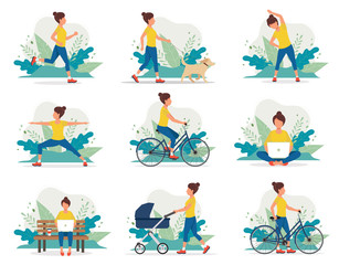 Woman doing different outdoor activities running, dog walking, yoga, exercising, sport, cycling, walking with baby carriage. Vector illustration in flat style, healthy lifestyle concept.