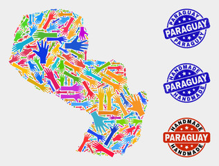 Vector handmade composition of Paraguay map and rubber watermarks. Mosaic Paraguay map is created with randomized bright colorful hands. Rounded seals with scratched rubber texture.