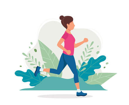 Woman running in the park. Vector illustration in flat style, concept illustration for healthy lifestyle, sport, exercising.