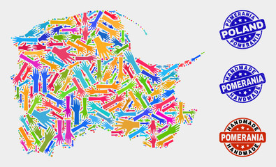 Vector handmade combination of Pomeranian Voivodeship map and scratched watermarks. Mosaic Pomeranian Voivodeship map is constructed with randomized bright colorful hands.