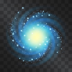 Silver glow neon blue galaxy vector light effect, blizzard with shining stardust halo. Decorative glittering cloud of sparkles, nebula top view. Hurricane top view, vortex on transparent background.