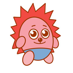Cartoon kind pink hedgehog in blue pants is standing on a white background.
