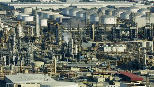 Aerial view Torrance refinery producing gasoline Los Angeles