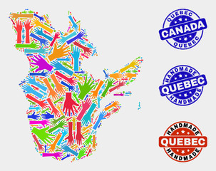 Vector handmade composition of Quebec Province map and rubber watermarks. Mosaic Quebec Province map is made of scattered bright colorful hands. Rounded watermarks with distress rubber texture.