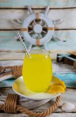 Lemonade in a mug with seashell Summer is coming soon Summer time.