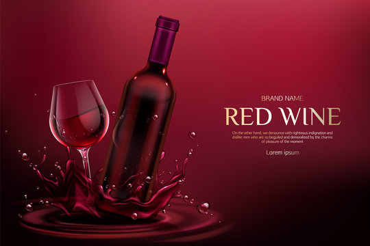 Red wine bottle and glass mockup. Closed blank flask and wineglass mock up with alcohol vine drink on burgundy liquid splashes and droplets ad promo banner background. Realistic 3d vector illustration