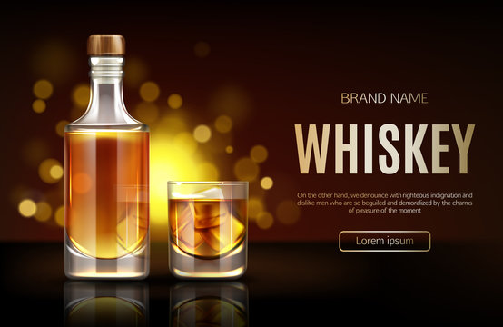 Whiskey bottle and glass mockup. Closed blank flask with strong alcohol drink mock up stand on dark background with defocused sparkles, advertising promo ad banner, Realistic 3d vector illustration