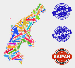 Vector handmade collage of Saipan Island map and textured watermarks. Mosaic Saipan Island map is formed of randomized bright colored hands. Rounded watermarks with corroded rubber texture.
