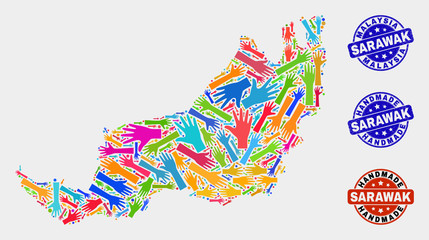 Vector handmade composition of Sarawak State map and rubber watermarks. Mosaic Sarawak State map is made from randomized bright colorful hands. Rounded watermarks with grunge rubber texture.