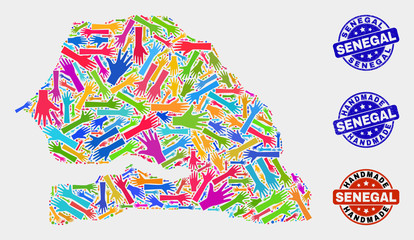 Vector handmade combination of Senegal map and grunge stamps. Mosaic Senegal map is constructed with randomized bright colorful hands. Rounded watermarks with grunge rubber texture.