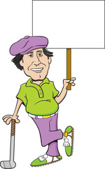 Cartoon illustration of a golfer leaning on a golf club and holding a sign.