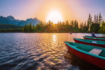 Mountain lake Strbske pleso in National Park High Tatras at sunset, Slovakia, Europe