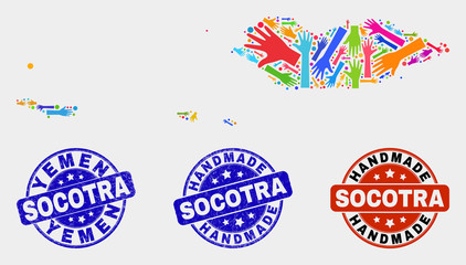 Naklejka premium Vector handmade composition of Socotra Archipelago map and textured stamp seals. Mosaic Socotra Archipelago map is created of scattered bright colored hands.