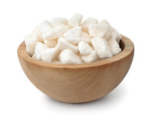 Organic crushed lump sugar in wooden bowl