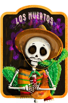 Mexican skull with pet chicken in his arms