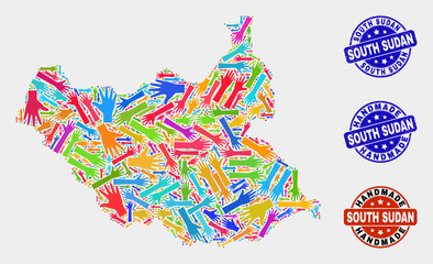 Vector handmade combination of South Sudan map and textured stamp seals. Mosaic South Sudan map is made with random bright colored hands. Rounded seals with corroded rubber texture.
