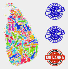 Vector handmade combination of Sri Lanka map and rubber seals. Mosaic Sri Lanka map is organized of random bright colored hands. Rounded seals with grunge rubber texture.