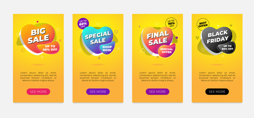 Sale banner design template set. Dynamic gradient fluid flyer on yellow background. Big special final black friday discount retail offer liquid shape poster. Vector marketing promo illustration