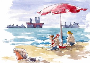 Seaside watercolor illustration, beach view with people, boats, shells and sunshade - 275160673