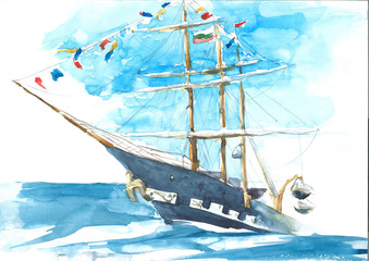 Sail boat in the sea. Turquoise ocean, old ship, waves, wind and freedom. Watercolor hand painting, sketch, draft, design concept, background for poster