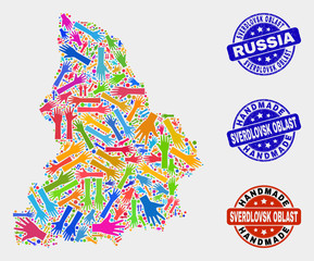 Vector handmade composition of Sverdlovsk Region map and rubber watermarks. Mosaic Sverdlovsk Region map is done of randomized bright colorful hands. Rounded watermarks with distress rubber texture.