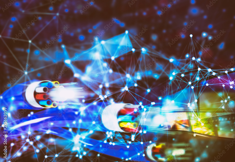 Poster internet connection with the fiber optic cables. concept of fast internet with network effects