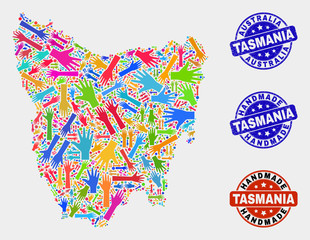 Vector handmade collage of Tasmania Island map and rubber stamp seals. Mosaic Tasmania Island map is created with random bright colorful hands. Rounded stamp imprints with distress rubber texture.